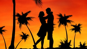 Couple, Palm trees, Orange sky, Sunset, Silhouette, Romance, Aesthetic, 4K wallpaper