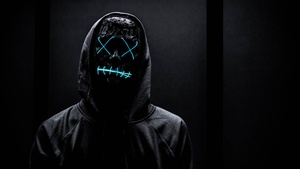 Neon Mask, Dark background, Hoodie, Blue light, 4K wallpaper
