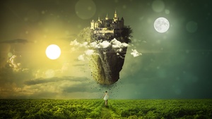 Sun, Moon, Girl, Clouds, Mystic, Green landscape, Dream, Castle, Sky view, 4K wallpaper