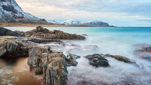 Cliff, Rocks, Ocean blue, Sky view, Clouds, Snow mountains, Lofoten islands, Seascape, 4K wallpaper