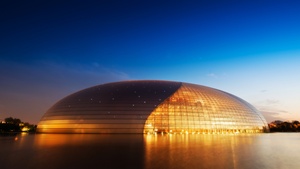 National Centre for the Performing Arts, China, Modern architecture, Blue Sky, Clear sky, Evening, Lights, Orange, 4K wallpaper