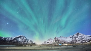 Aurora Borealis, Snow mountains, Glacier, Landscape, Blue Sky, Lofoten islands, Norway, Stars, 4K wallpaper