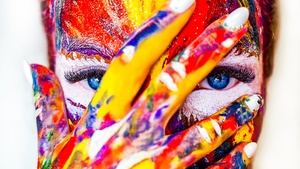 Girl, Multicolor, Colorful, Blue eyes, Paint, Creative, 4K wallpaper