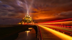 Mont Saint-Michel, France, Cathedral, Church, Night time, Light Streaks, Island, Orange, Red, 4K wallpaper