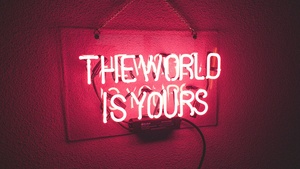 The World is Yours, Neon light, Red background, Neon sign, Glowing, 4K wallpaper