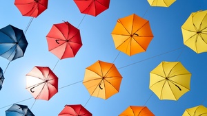 Umbrellas, Blue Sky, Colorful, Sky view, Multicolor, Pattern, Red, Yellow, 4K wallpaper