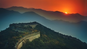Great Wall of China, Sunset, Orange sky, Mountains, Beijing, Green Trees, Aerial view, 4K wallpaper