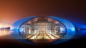 National Centre for the Performing Arts, China, Blue light, Glass, Modern architecture, Dome, Reflection, Clear sky, Night lights, 4K wallpaper