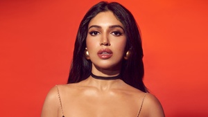 Bhumi Pednekar, Bollywood actress, Orange background, Indian actress, 4K wallpaper