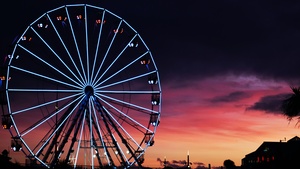Ferris wheel, Silhouette, Sunset, Neon Lights, Purple sky, Dark background, Dark aesthetic, 4K wallpaper
