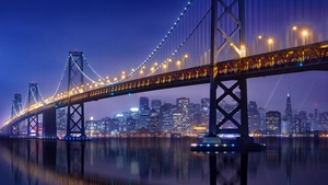 Bay Bridge, San Francisco-Oakland Bay Bridge, Night, City lights, Urban, 4K wallpaper