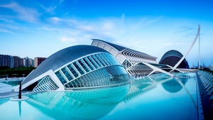 City of Arts and Sciences, Valencia, Spain, Pool, Blue hour, Sky view, Evening, Water, Reflection, 4K wallpaper