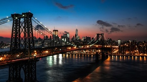 Williamsburg Bridge, Sunset, New York City, Suspension bridge, City lights, Night, Cityscape, USA, 4K wallpaper