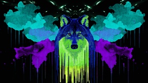 Wolf, Artwork, Neon, Black background, Watercolors, Painting, 4K wallpaper