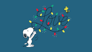 Snoopy, Love text, Woodstock, String Lights, Christmas decoration, Cartoon, Holidays, Love word, 4K wallpaper