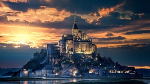Mont Saint-Michel, Island, Ancient architecture, Reflection, Night, Sunset, Dawn, Evening sky, Normandy, France, 4K wallpaper