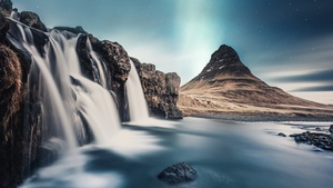 Waterfall, Scenic, Rocks, Aurora Borealis, Northern Lights, Mountain, 4K wallpaper
