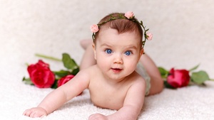 Cute Baby, Rose flowers, Adorable, Blue eyes, White, 4K wallpaper
