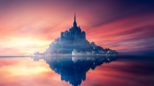 Mont Saint-Michel, Sunset, Twilight, Dawn, Reflection, Normandy, France, Aesthetic, 4K wallpaper