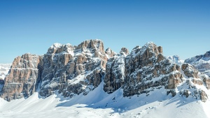 Dolomites, Clear sky, Mountain range, Sunny day, Winter, Snow covered, Mountains, Italy, 4K wallpaper