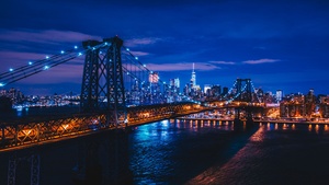 Williamsburg Bridge, Suspension bridge, New York City, City lights, Night, Cityscape, USA, 4K wallpaper