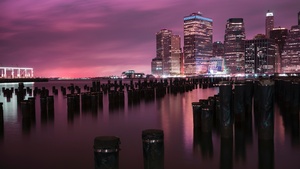 New York City, Downtown, Brooklyn Bridge Park, River, Night, Cityscape, City lights, Pink sky, 4K wallpaper
