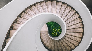 Spiral staircase, Modern architecture, White, Aesthetic, 4K wallpaper