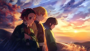 Demon Slayer: Kimetsu no Yaiba, Scenery, Friends, Inosuke Hashibira, Tanjiro Kamado, Zenitsu Agatsuma, 4K wallpaper
