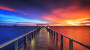 Wooden pier, Bridge, Sunset, Horizon, Resort, Dawn, Vacation, Holidays, Phuket, Thailand, Aesthetic, 4K wallpaper