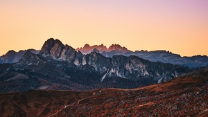 Giau Pass, Mountain range, Dolomites, Sunset, Landscape, Dawn, Italy, 4K wallpaper