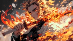 Kyojuro Rengoku, Sword, Fire effect, Demon Slayer: Kimetsu no Yaiba, Katana, 4K wallpaper