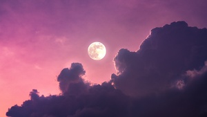 Full moon, Aesthetic, Clouds, Pink sky, Scenic, 4K wallpaper