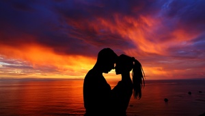 Couple, Romantic, Silhouette, Sunset, Seascape, Together, 4K wallpaper