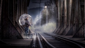 Cute Girl, Railway track, Umbrella, Rainy day, 4K wallpaper