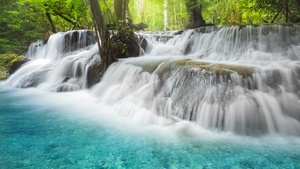 Erawan Falls, Thailand, Waterfall, Forest, Spring, 4K wallpaper