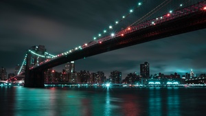 Brooklyn Bridge, Manhattan, City lights, Night, Cityscape, River, New York City, 4K wallpaper