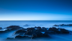 Seascape, Blue, Horizon, Clear sky, Ocean, Rocks, Sunrise, Dawn, Blue Sky, 4K wallpaper