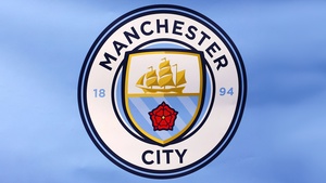 Manchester City FC, Emblem, Football team, Blue background, Premier League club, 4K wallpaper