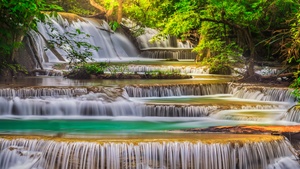 Erawan Falls, Scenic, Waterfall, Forest, Spring, Rainforest, Thailand, 4K wallpaper