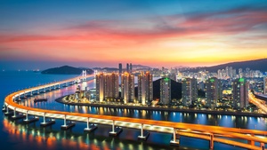 City lights, Sunset, Harbor, Red Sky, Metropolitan, Urban, South Korea, 4K wallpaper