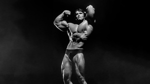 Arnold Schwarzenegger, Bodybuilder, Dark background, Monochrome, 4K wallpaper