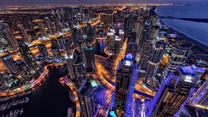 Dubai, Cityscape, Skyline, Aerial view, Skyscrapers, City lights, Night, HDR, Blue hour, 4K wallpaper