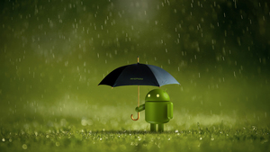 Android robot, Umbrella, Rain, Green, 4K wallpaper