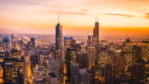 Chicago, Cityscape, Skyline, Skyscrapers, Dawn, Sunset, City lights, Illinois, USA, 4K wallpaper