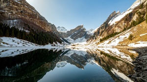 Seealpsee lake, Swiss Alps, Mountain range, Reflection, Daytime, Lake, Winter, Switzerland, 4K wallpaper
