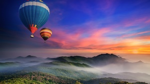 Hot air balloons, Sunrise, Dawn, Hills, Colorful, Foggy, Thailand, Aesthetic, 4K wallpaper