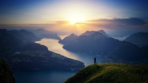 Lake Lucerne, Landscape, Mountains, Sunset, Switzerland, 4K wallpaper