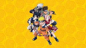 Naruto Team 7, Yellow background, Kakashi Hatake, Sasuke Uchiha, Sakura Haruno, Naruto Uzumaki, 4K wallpaper