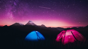Mountains, Night, Purple sky, Starry sky, 4K wallpaper