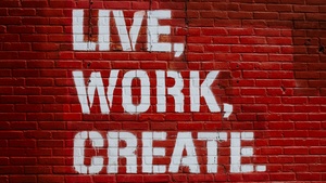 Live, Work, Create, Brick wall, Red, Motivational, Inspirational quotes, 4K wallpaper